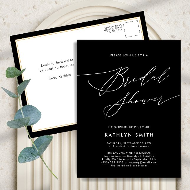 Black Elegant Script Minimalist Chic Bridal Shower Invitation Postcard (Creator Uploaded)