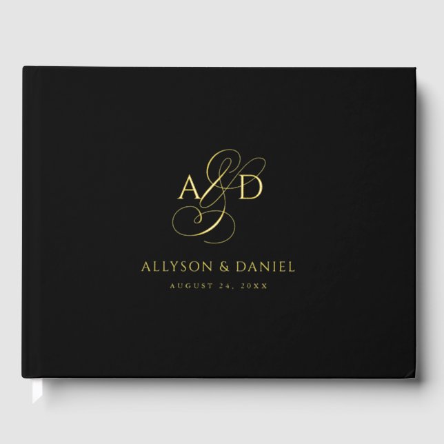 Black Elegant Script Monogram Classic Wedding Guest Book (Front)