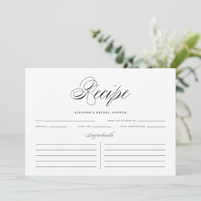 Black Elegant Script Personalised Recipe Card (Standing Front)