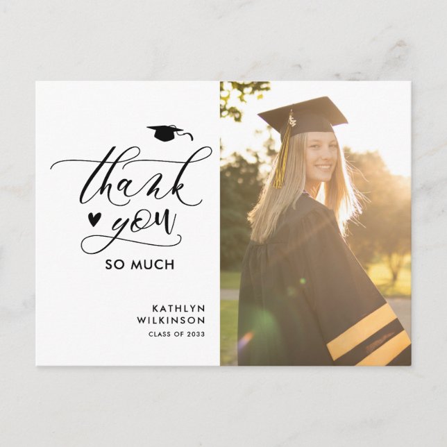 Black Elegant Script Photo Graduation Thank You Postcard (Front)