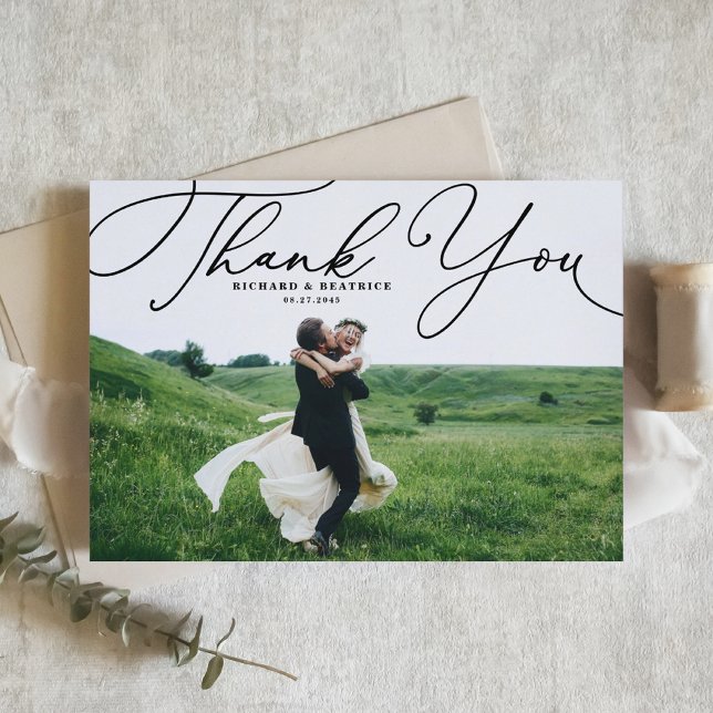 Black Elegant Script Photo Wedding Thank You Postcard (Creator Uploaded)