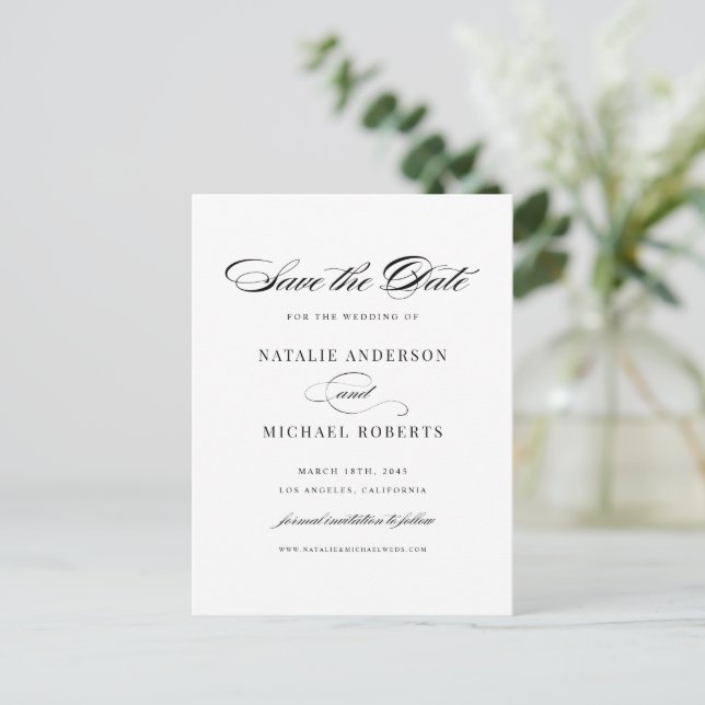 Black Elegant Script Save the Date Postcard (Standing Front)