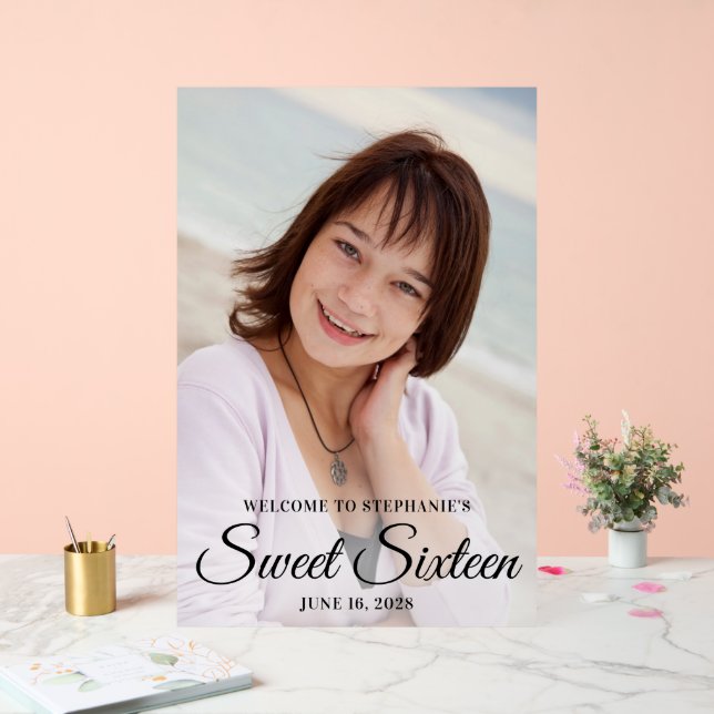 Black Elegant Script Sweet Sixteen Photo Acrylic Sign (Wedding)