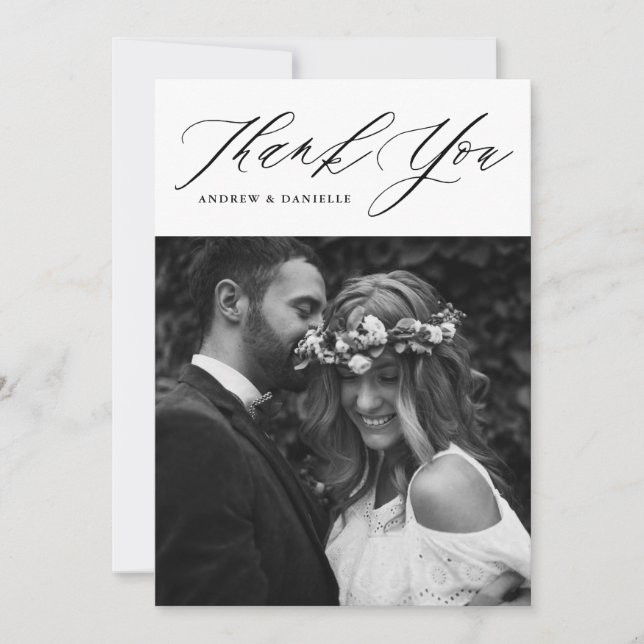 Black Elegant Script Vertical Wedding Thank You Card (Front)