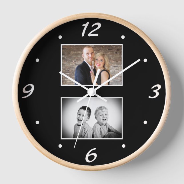 Black Elegant Simple 2 Photo Collage Clock (Front)