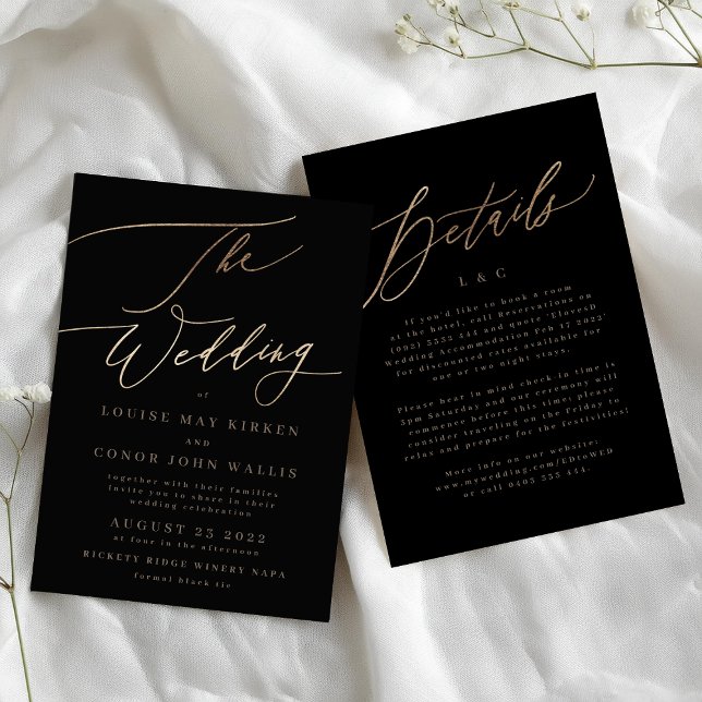 Black Elegant Simple Gold Details on back Wedding Invitation (Creator Uploaded)