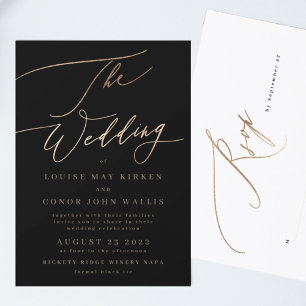 Black Elegant Simple Gold   Rsvp on back Wedding Invitation