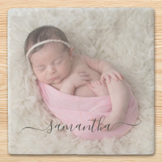 Black Elegant Swash Signature Name Photo Stone Coaster