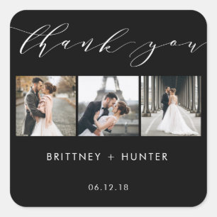 Black Elegant Thank You 3 Photo Collage Square Sticker