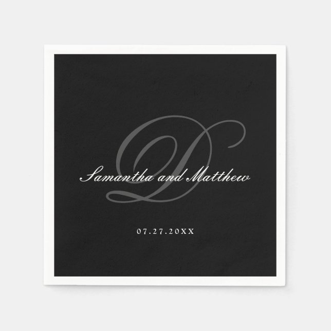 Black Elegant Traditional Script Wedding Monogram Napkin (Front)