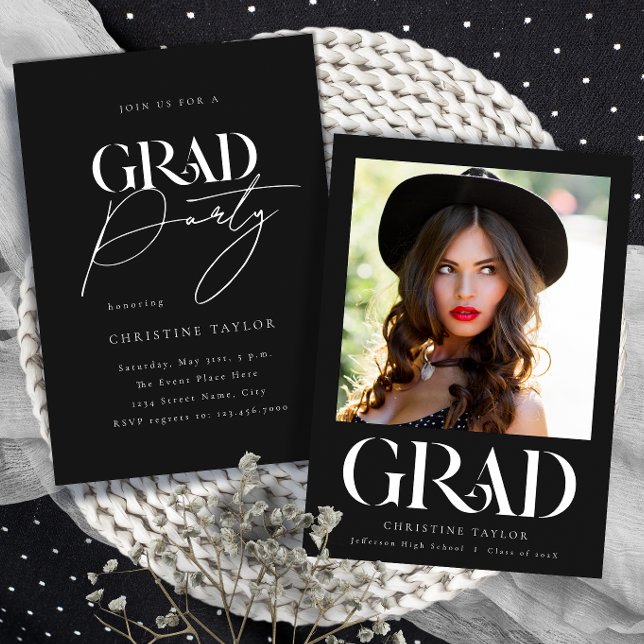 Black Elegant Typography Photo Graduation Party Invitation (Creator Uploaded)