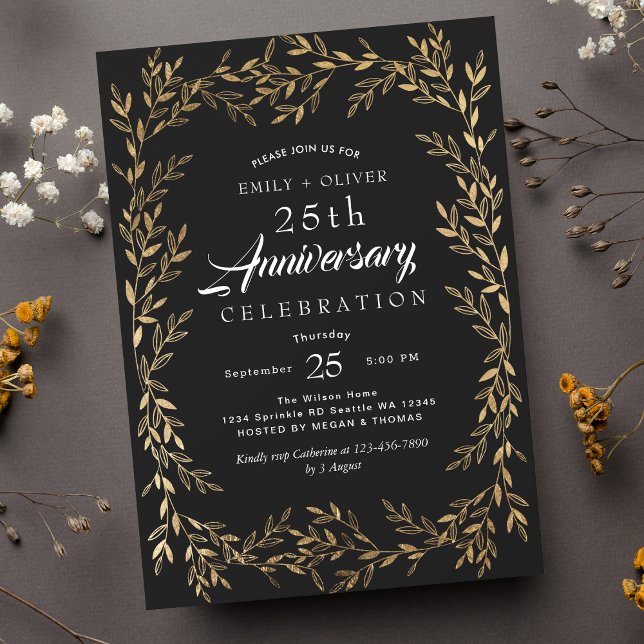 Black Elegant Vintage Gold Leaf Anniversary Invitation (Creator Uploaded)