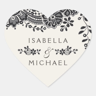 Black elegant vintage lace wedding favour heart sticker
