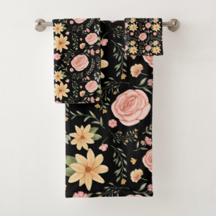Black Elegant Vintage Wildflower Rose Pattern Bath Towel Set