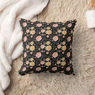 Black Elegant Vintage Wildflower Rose Pattern  Cushion