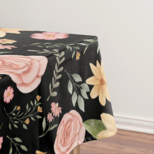 Black Elegant Vintage Wildflower Rose Pattern  Tablecloth