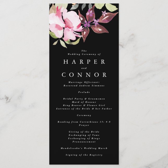Black Elegant Watercolor Beautiful Wedding Program (Front)