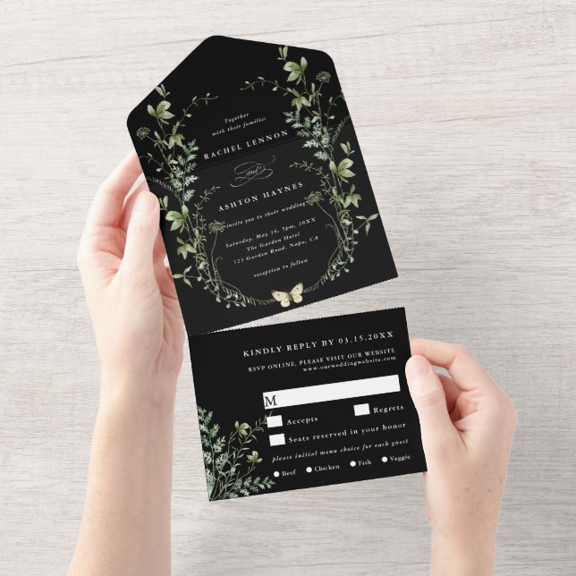 Black Elegant Watercolor Wildflower Wedding All In One Invitation (Tearaway)