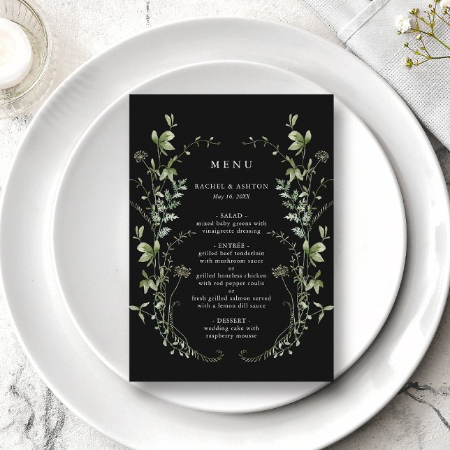 Black Elegant Watercolor Wildflower Wedding Menu (Creator Uploaded)