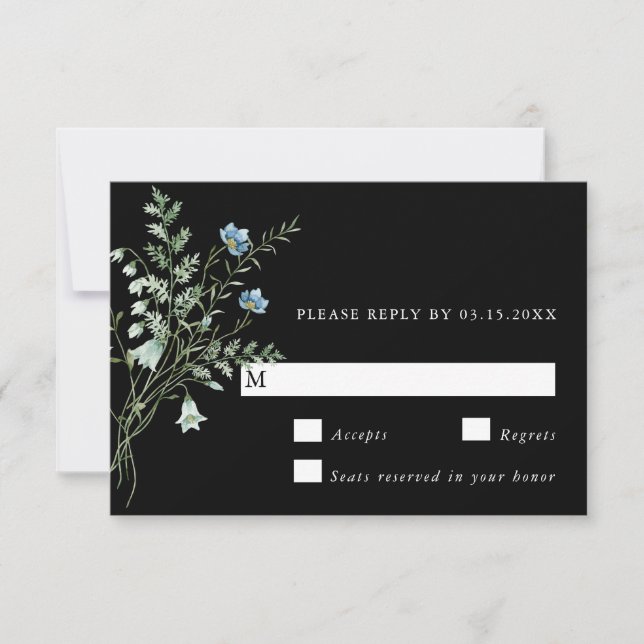 Black Elegant Watercolor Wildflowers Wedding RSVP (Front)