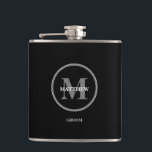 Black elegant Wedding Monogram GROOM Hip Flask<br><div class="desc">Personalised this flask with the monogram and name for the groom. Black and white,  classic,  simple and modern with an area to include your wedding date and special messageon the back. Easy to personalise and customise. Elegant and trendy black flask..</div>