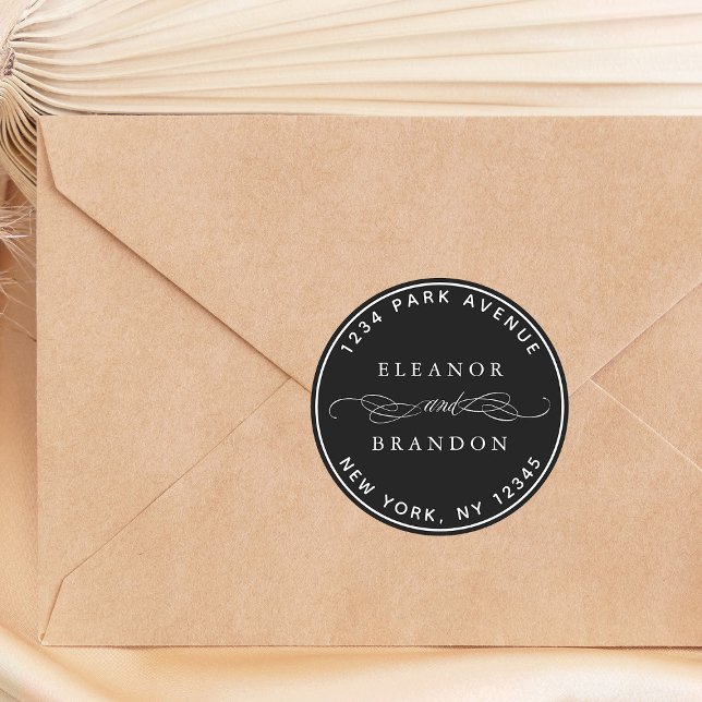 Black Elegant Wedding Return Address Classic Round Sticker (Creator Uploaded)