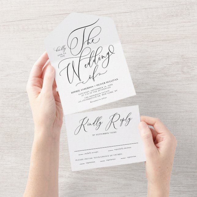Black Elegant Whimsical Calligraphy Wedding All In One Invitation (Tearaway)