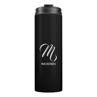 Black Elegant White Custom Monogram with Name Thermal Tumbler