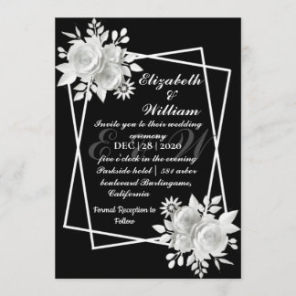 Black Elegant White Floral Wedding Invitation