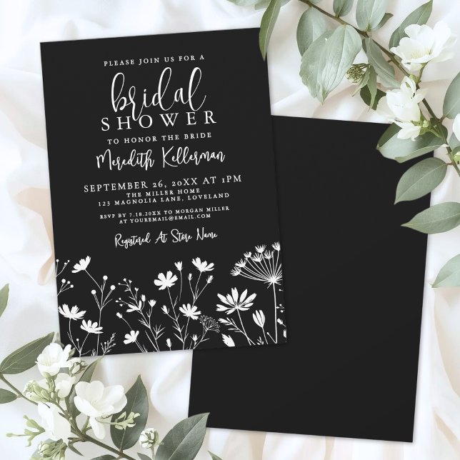 Black Elegant Wildflower Bridal Shower Invitation (Black Elegant Wildflower Bridal Shower Invitation)