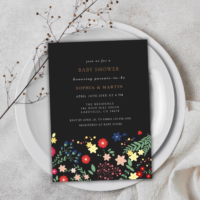 Black Elegant Wildflower Pattern Baby Shower Invitation (Black Elegant Wildflower Pattern Baby Shower Invitation)