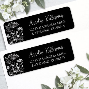 Black Elegant Wildflower Return Address Label