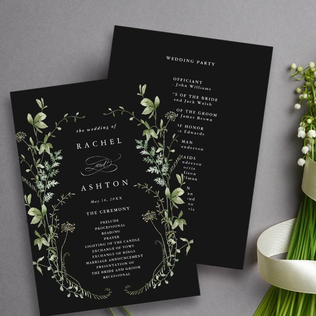 Black Elegant Wildflower Wedding Ceremony  Program (Creator Uploaded)