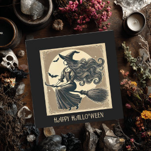 Black, Elegant Witch on Broom, Vintage Halloween Card