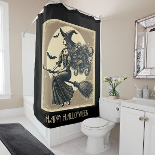 Black, Elegant Witch on Broom, Vintage Halloween Shower Curtain