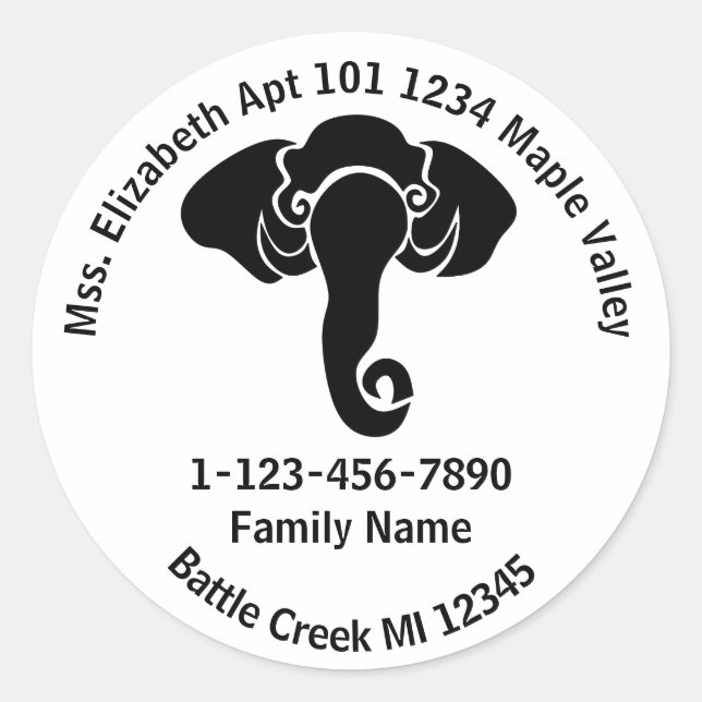 Black Elephant  Family Home Address Republican  Classic Round Sticker (Front)