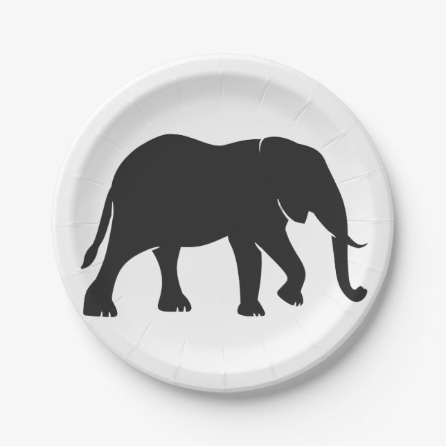 Black Elephant Illustration Animal on Zoo Silhouet Paper Plate (Front)