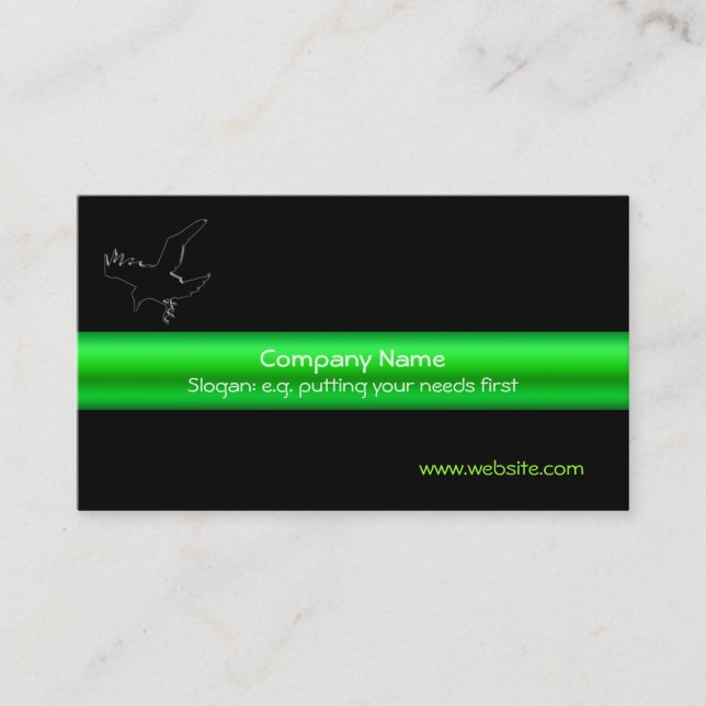 Black Embossed-look Raven on green metallic-effect Business Card (Front)