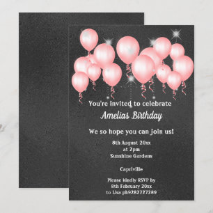 BLACK EMBOSSED METAL  PINK BALLOON BIRTHDAY PARTY INVITATION