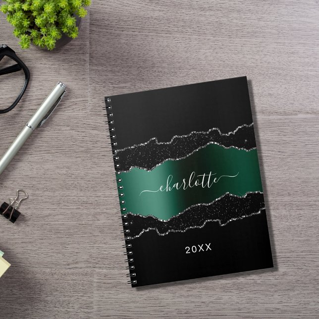 Black emerald green agate marble glitter name notebook (Creator Uploaded)
