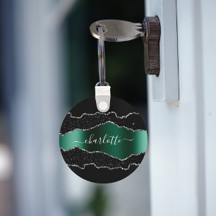 Black emerald green agate marble name script key ring