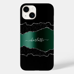 Black emerald green metal agate marble name script Case-Mate iPhone 14 case