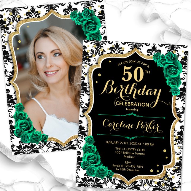 Black Emerald Green Photo 50th Birthday Invitation (Creator Uploaded)