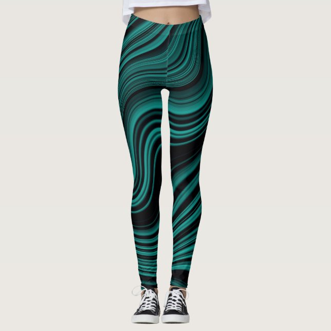 Black & Emerald Wavy Abstraction Leggings (Front)