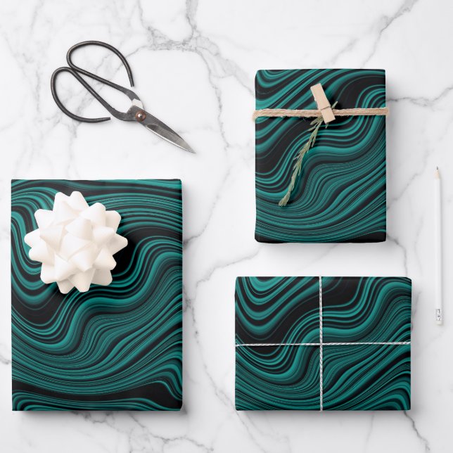 Black & Emerald Wavy Abstraction Wrapping Paper Sheet (Front)