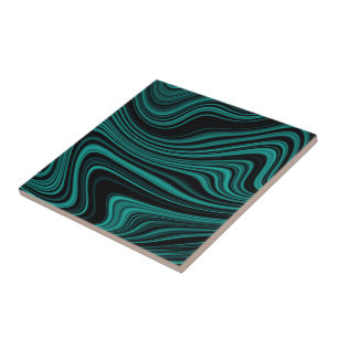 Black & Emerald Wavy Agate Abstraction Ceramic Tile