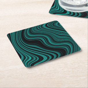 Black & Emerald Wavy Agate Abstraction Square Paper Coaster