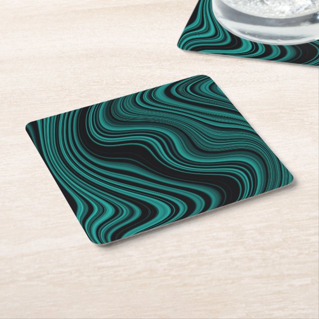 Black & Emerald Wavy Agate Abstraction Square Paper Coaster (Angled)