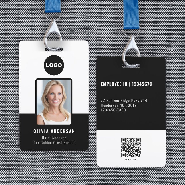 Black Employee ID Photo QR Code Logo Badge (Black Employee Photo ID Qr Code Company Security Badge)