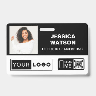 Black Employee Name Badge with Logo and QR Code ID Badge